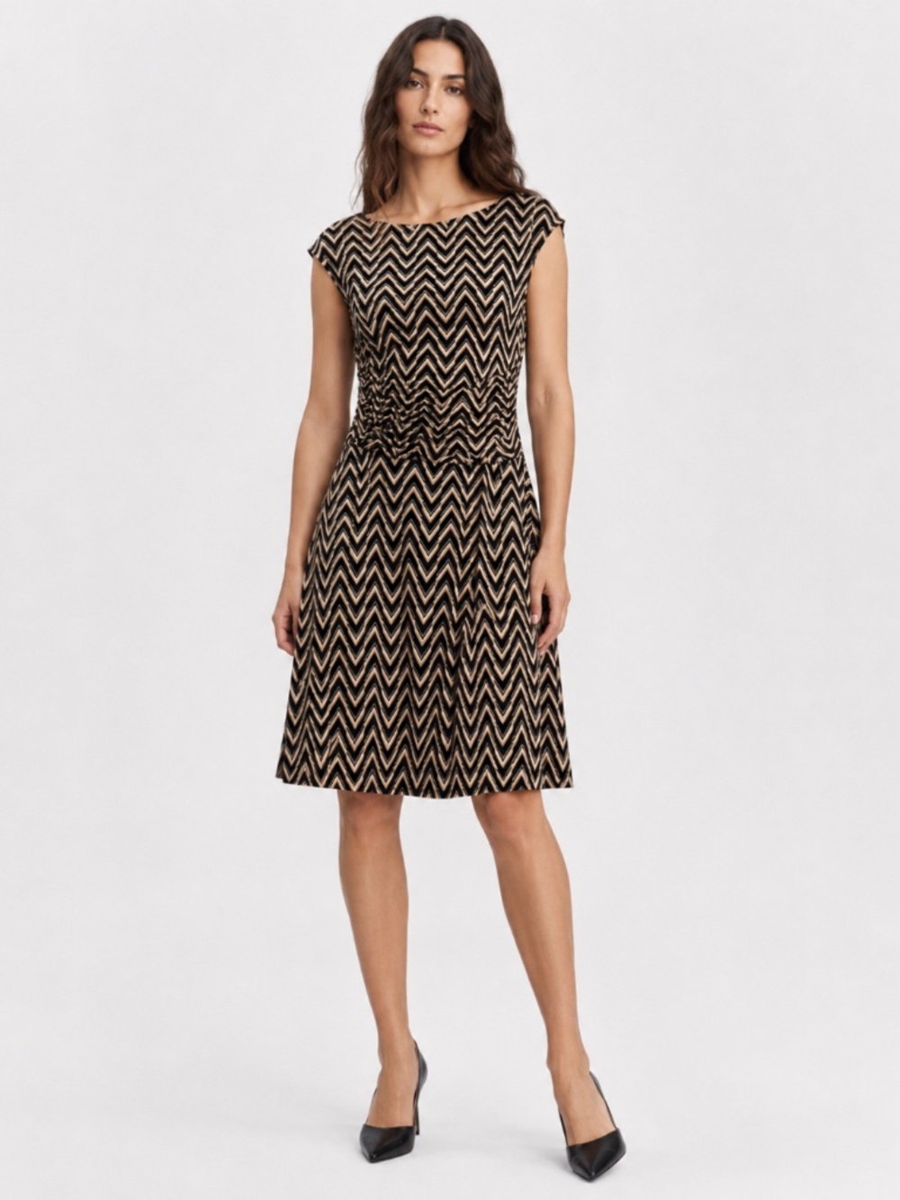 En Focus Petites Women’s 8P Black Tan Chevron Ruched Fit & Flare Midi Dress